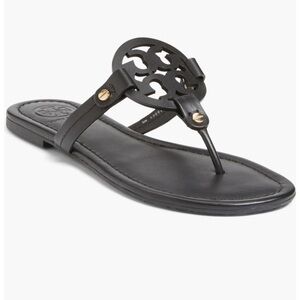 Tory Burch Miller Black Leather Logo Thong Sandal size 9